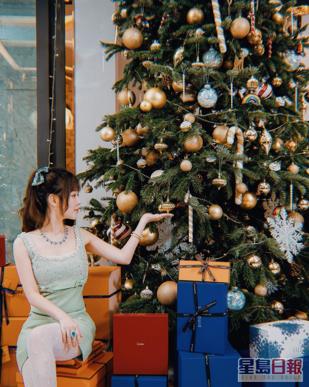蔡天凤家中放了一个巨型圣诞树，树下堆满贵妇品牌Hermes大大小小的礼物盒。