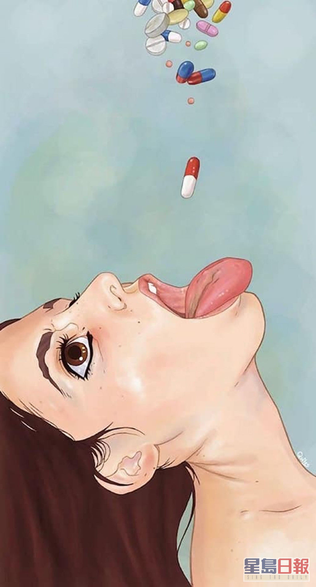 有女子吞下大量的药丸的画作，疑暗示Tangmo遭落药或与毒品有关。