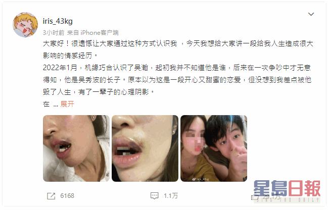 名自称是吴秀波长子吴瀚前女友的网民「iris_43kg」撰长文指控遭对方家暴，事件随即引起关注。