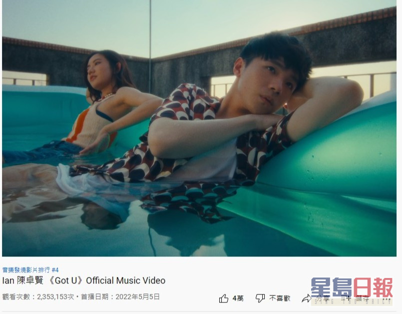 Ian的新歌《Got U》MV， 3天內獲得2百萬點擊率。  ​