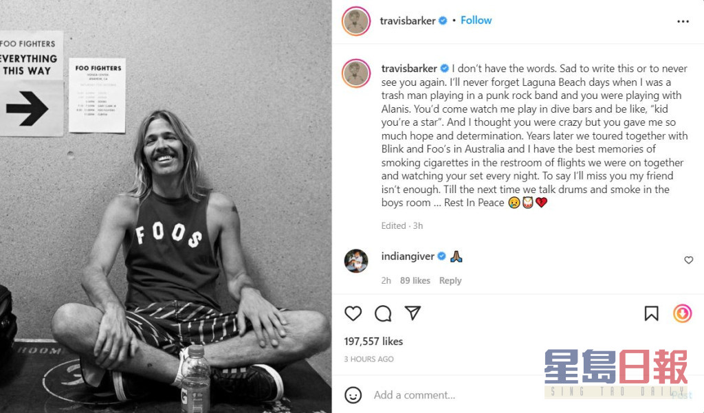 Blink-182鼓手Travis Barker亦在社交網盡訴Taylor生前的暖心故事。