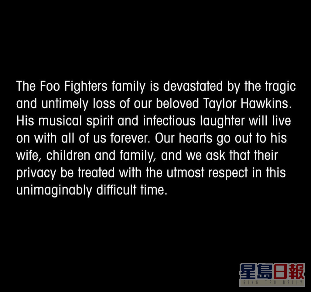 Foo Fighters在官方社交網上，公佈Taylor死訊。