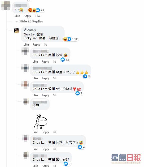 10月初有網民在蔡瀾帖文留言「RIP」，相隔兩個多月蔡瀾突然妙回「謝謝，你也是。」幽默回覆獲網民大讚有智慧。