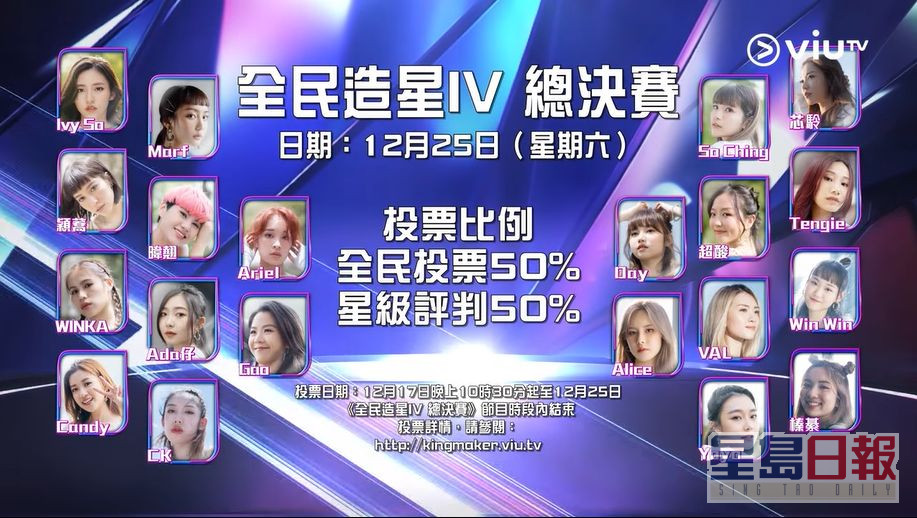 《全民造星IV》的20强将于总决赛选出三甲入女团。