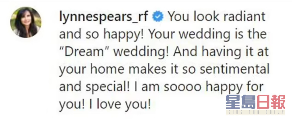 母亲Lynne在Britney的社交网留言，为女儿出嫁感到开心。