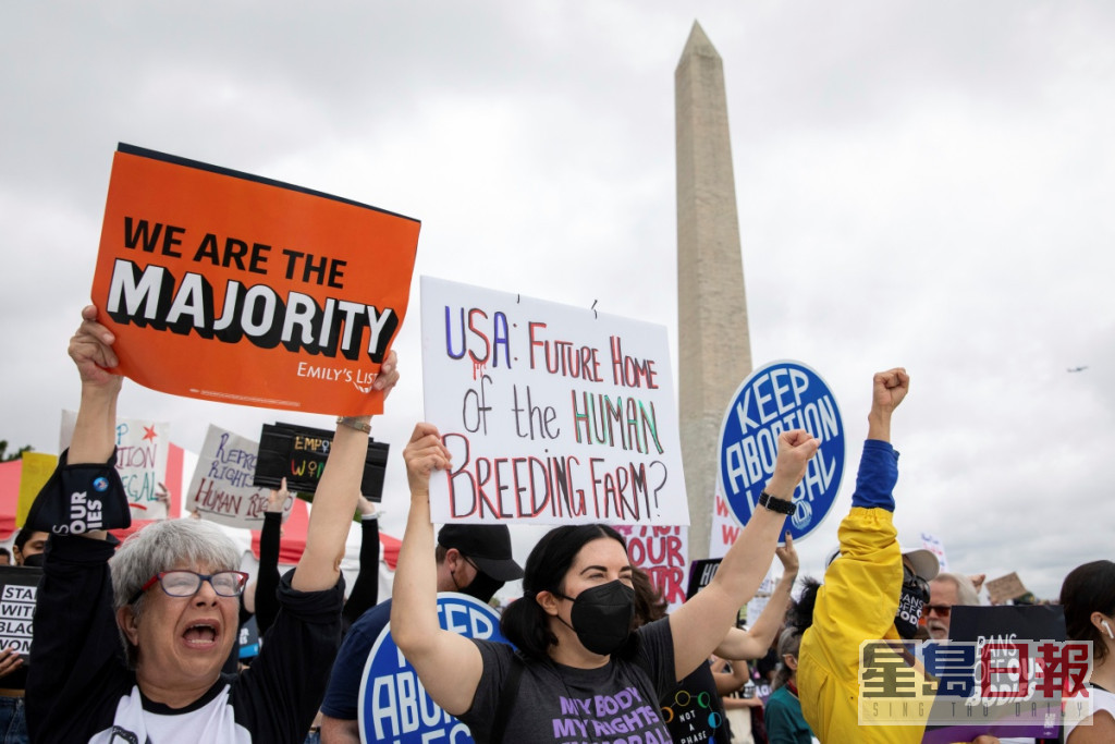 在华盛顿示威者高举标语反对限制堕胎。AP