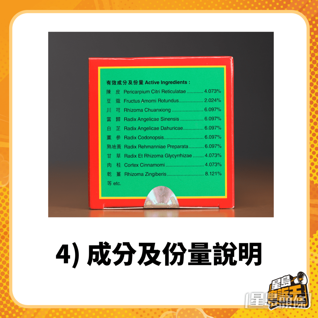 4) 包裝盒底部的成分及份量說明