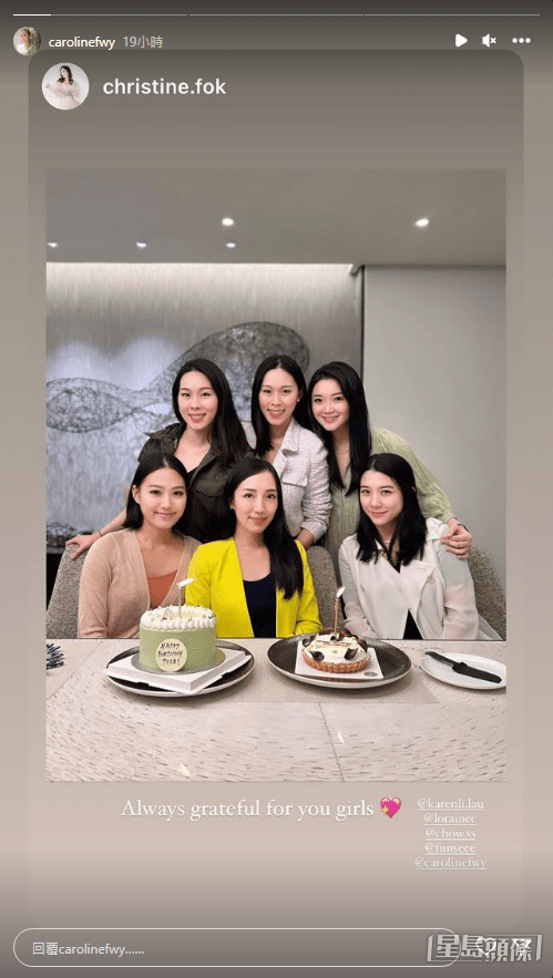 霍詠盈（前左）與胞姐霍詠詩（前中）近日相約一班名媛人妻飯聚，包括楊永晴（前右）和李嘉穎（後右）。