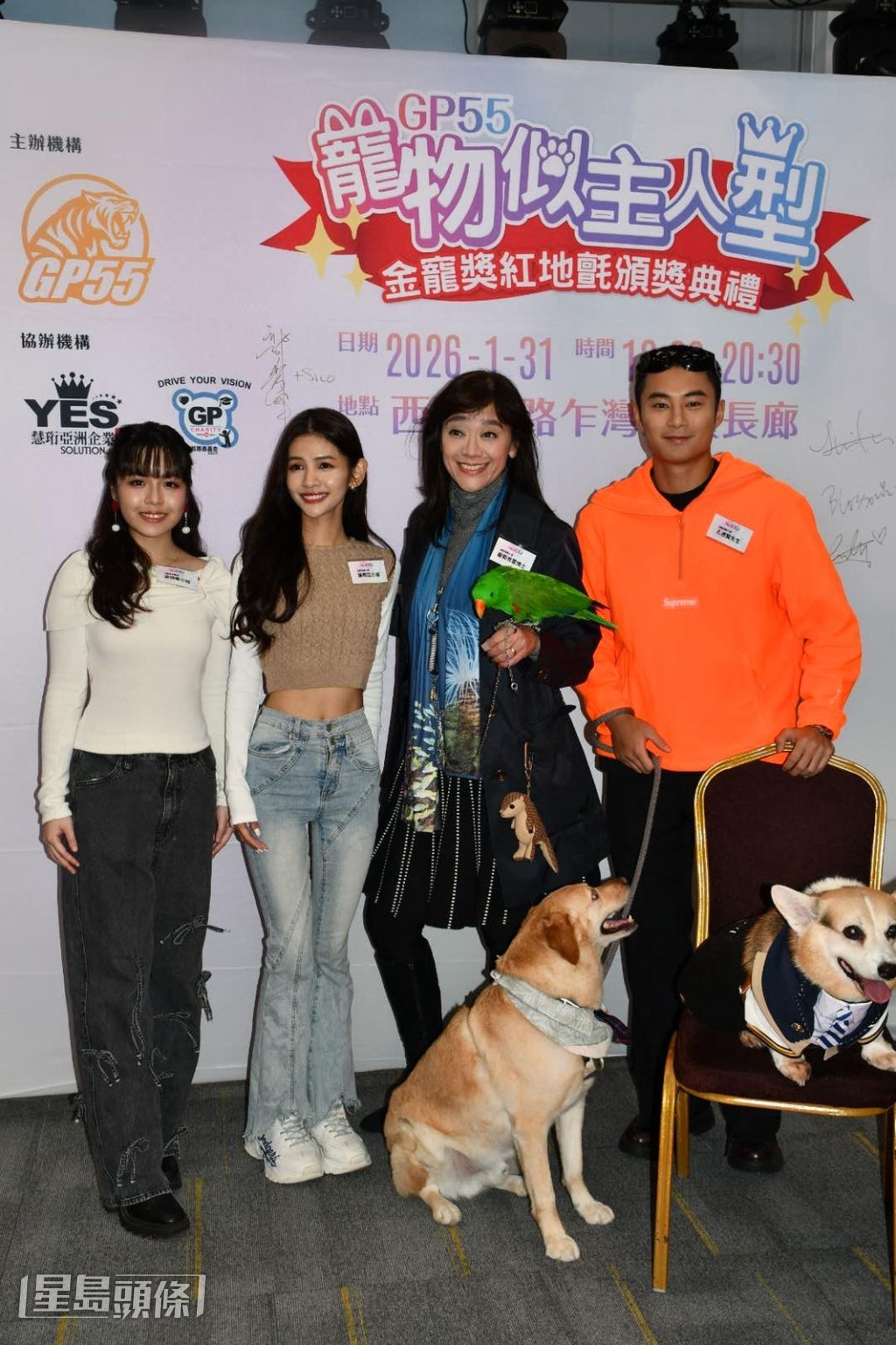擔任推廣大使的孔德賢、陳熙蕊、郭秀雲及活動表演嘉賓梁栩寧今日（15日）一起到觀塘出席「寵物似主人型」金寵獎紅地氈頒獎典禮記者會。