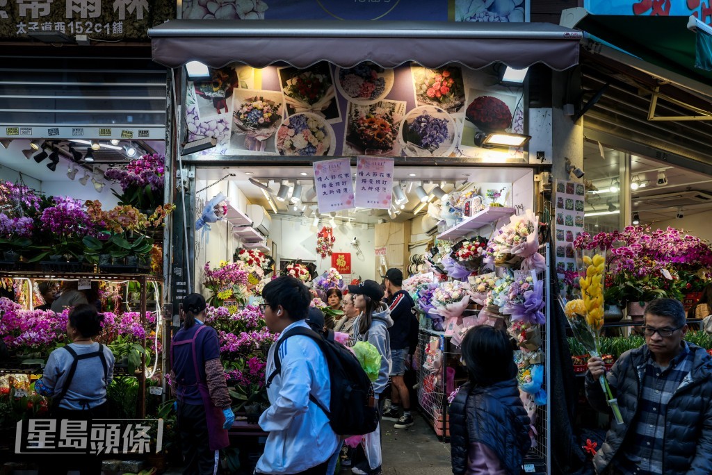 距離情人節不足一周,旺角花墟多間花商仍主力銷售年花。 何家豪攝 距離情人節不足一周,旺角花墟多間花商仍主力銷售年花。 何家豪攝