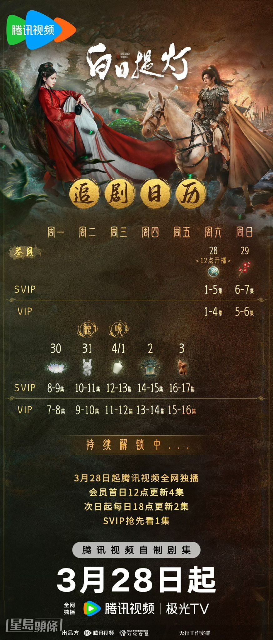 《白日提灯》追剧日历公开 |日历上有男女主角,男的正骑住白马,女的著住红白长裙。海报中间详细列出了腾讯视频VIP同SVIP会员由3月28号起的剧集更新时间表 《白日提灯》追剧日历公开 |日历上有男女主角,男的正骑住白马,女的著住红白长裙。海报中间详细列出了腾讯视频VIP同SVIP会员由3月28号起的剧集更新时间表