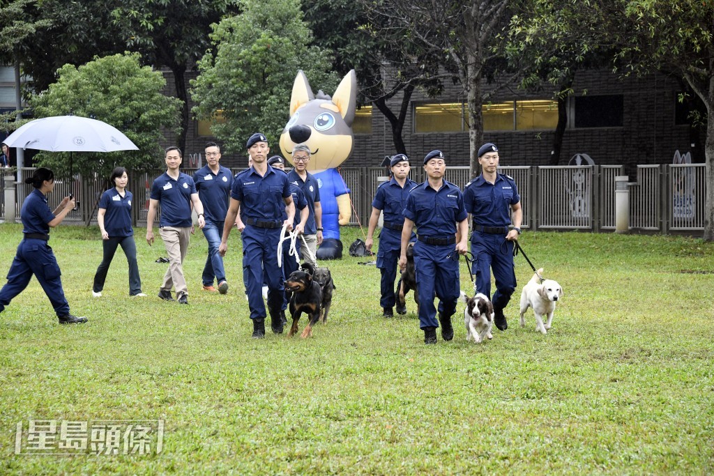  領犬員帶同警犬出場。楊偉亨攝