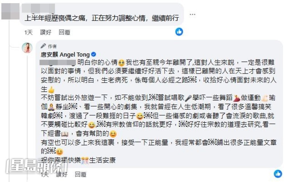 有網民更藉此分享喪偶之痛,唐安麒親自回覆,分享自己也飽受痛失親人之痛。 有網民更藉此分享喪偶之痛,唐安麒親自回覆,分享自己也飽受痛失親人之痛。