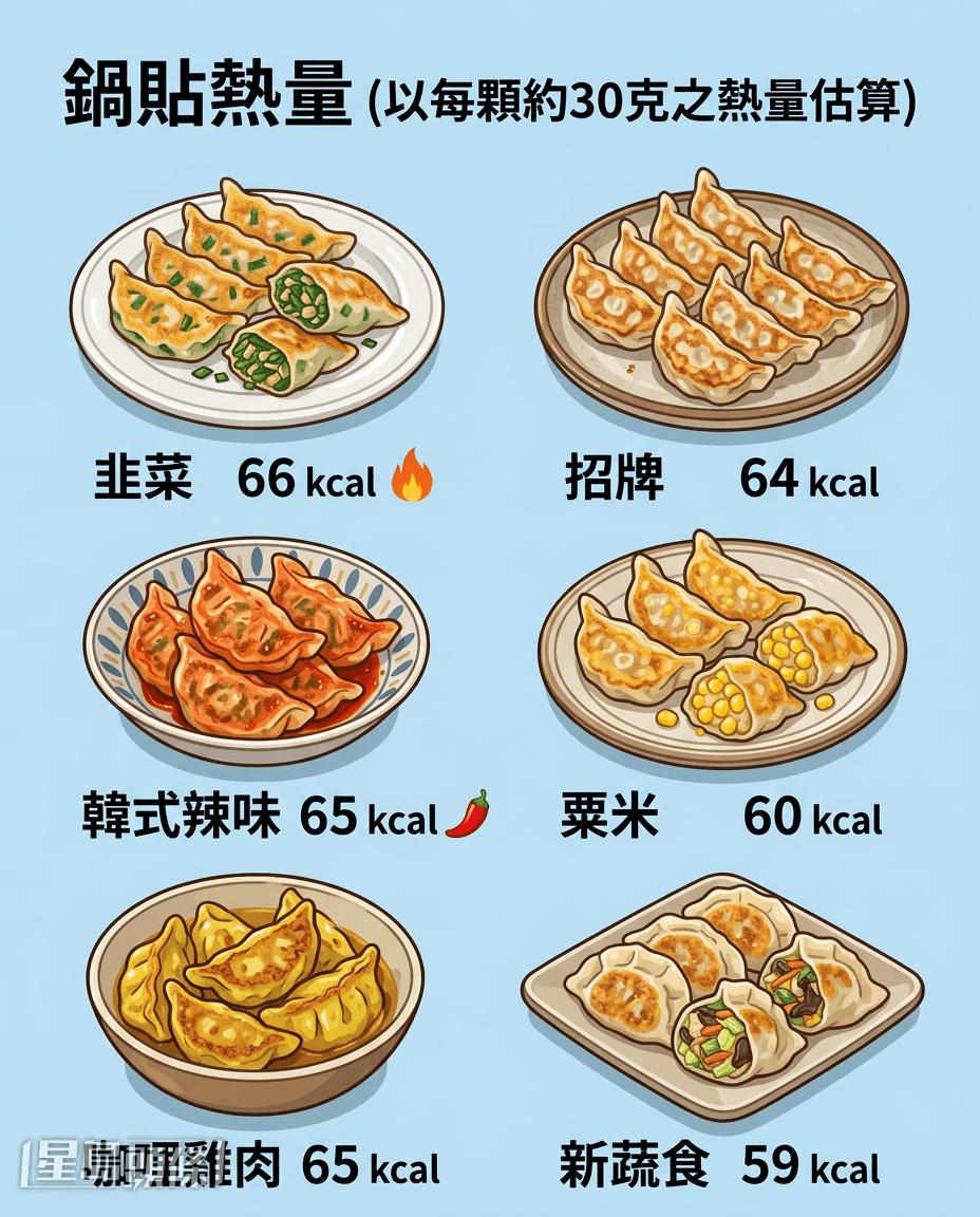  锅贴热量（以每颗约30克之热量估算）