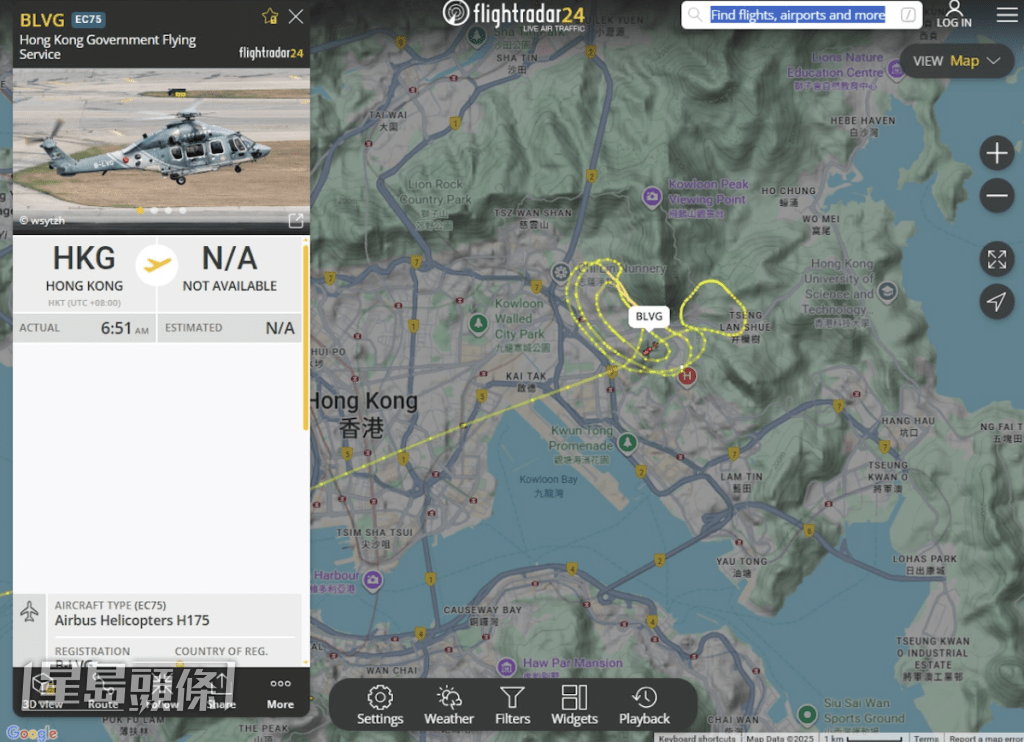 消防及警方凌晨在山坡一帶搜索，直至今日（21日）凌晨4時，更一度擴大搜索範圍至附近山頭，政府飛行服務隊亦出動直升機到秀茂坪一帶搜索。（Flightradar24截圖）