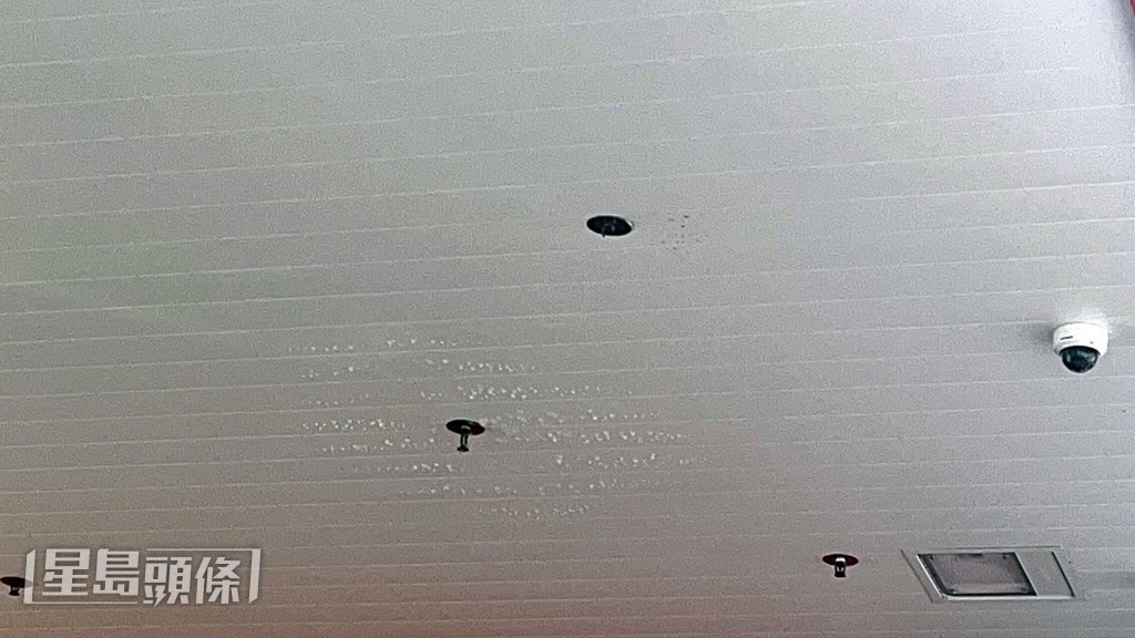 油站天花消防灑水掣被工程車撞毀。楊偉亨攝