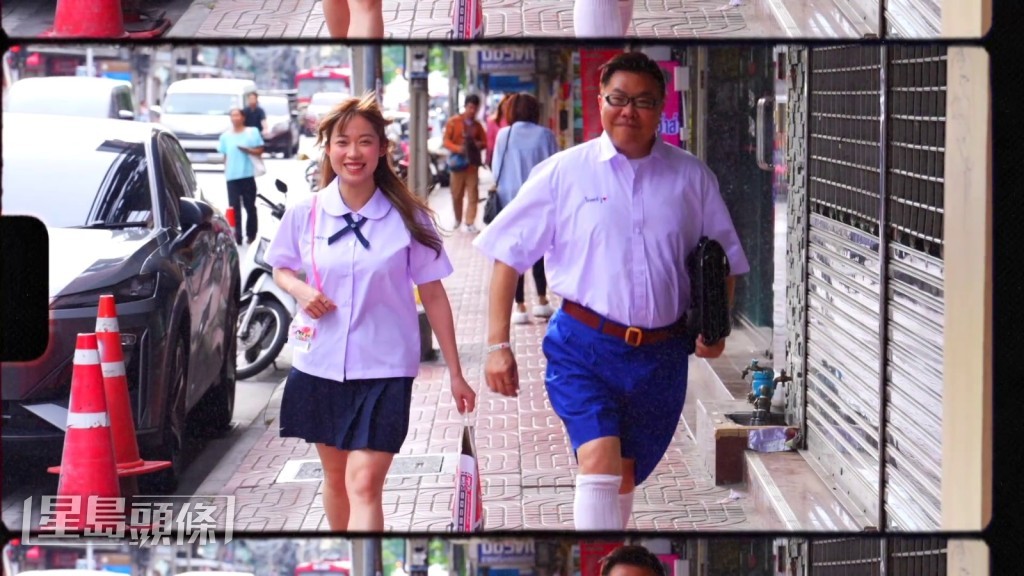 兩人自然不執輸，換上一套中學校服，走在曼谷街頭重現廣告名場面。