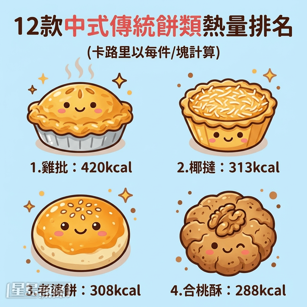 12款中式传统饼类热量排名（卡路里以每件/块计算）