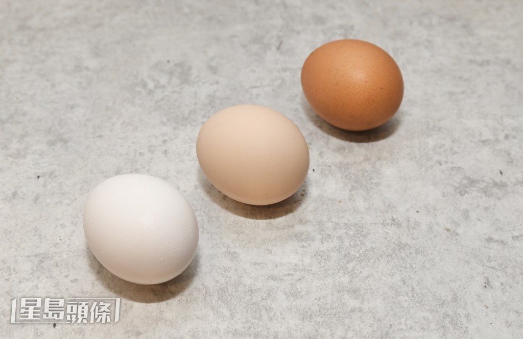 日本蛋有啡、粉紅及白3大類（上至下），顏色不同代表由不同雞種所生。