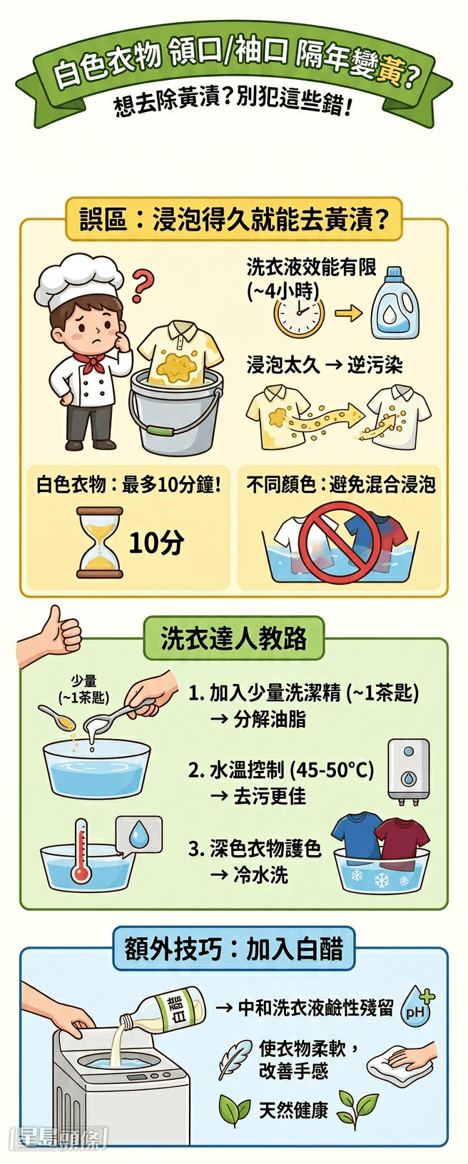 浸泡勿過久、10分鐘就夠 白醋代替柔順劑