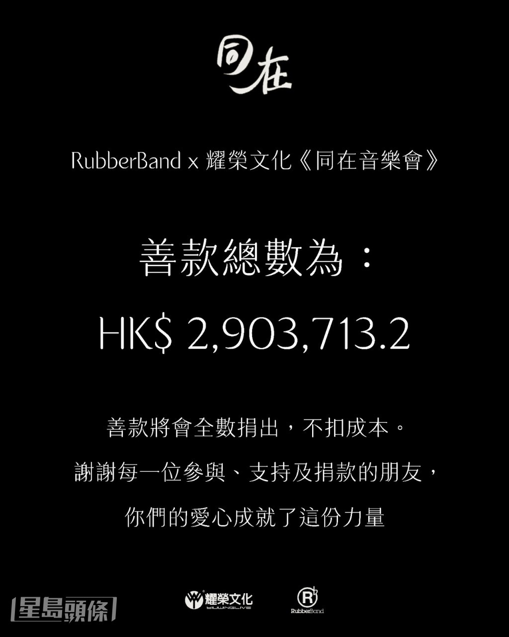 今次音樂會共籌得善款總數近300萬。 今次音樂會共籌得善款總數近300萬。