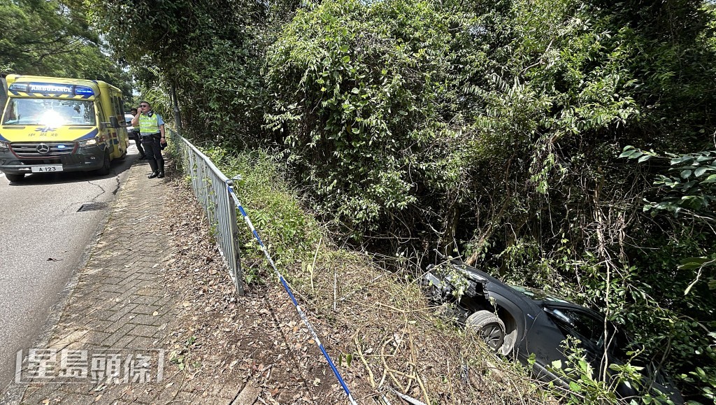 私家車衝落山坡。林思明攝