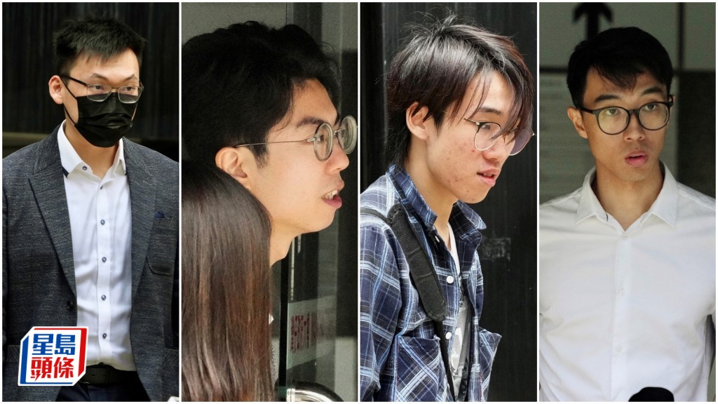 被告左起葉偉成、尹亦慷、黃俊輝和姚梓駿，連同翁耀揚和溫燿輝，全部被裁定暴動罪成。資料圖片