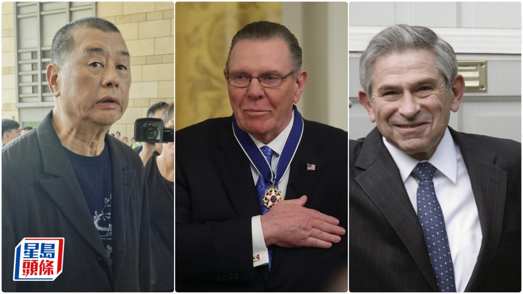 法官指黎智英隐瞒向前美国陆军副参谋长基恩（中）及前美国国防部副部长伍夫维兹（右）支付共2300万元「台湾顾问费」，证供不足为信。