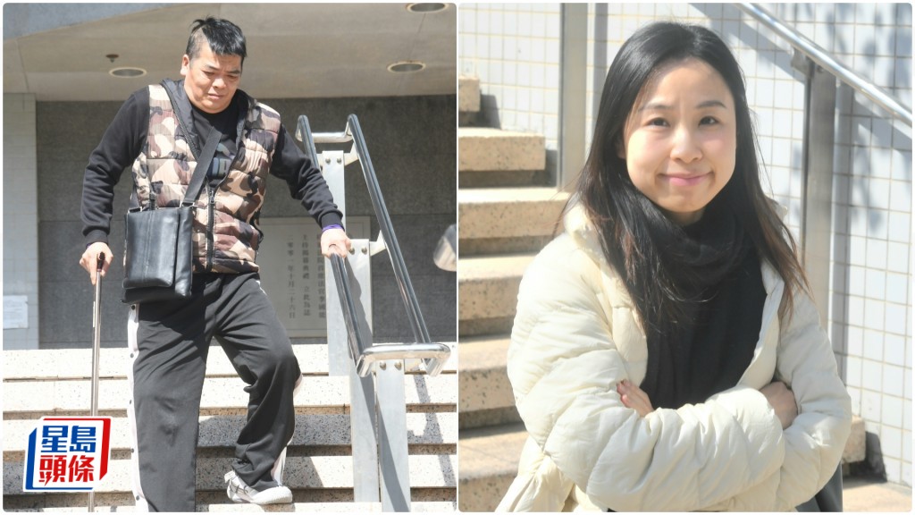 事件中傷者何汝枝（左）指當日上司堅持要人手扶宜摺閘；右為保安服務分判商世紀務有限公司代表。何健勇攝