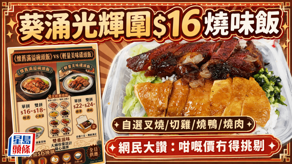 葵涌光輝圍驚現$16平價燒味飯！自選叉燒/切雞/燒鴨/燒肉 網民大讚：咁嘅價冇得挑剔
