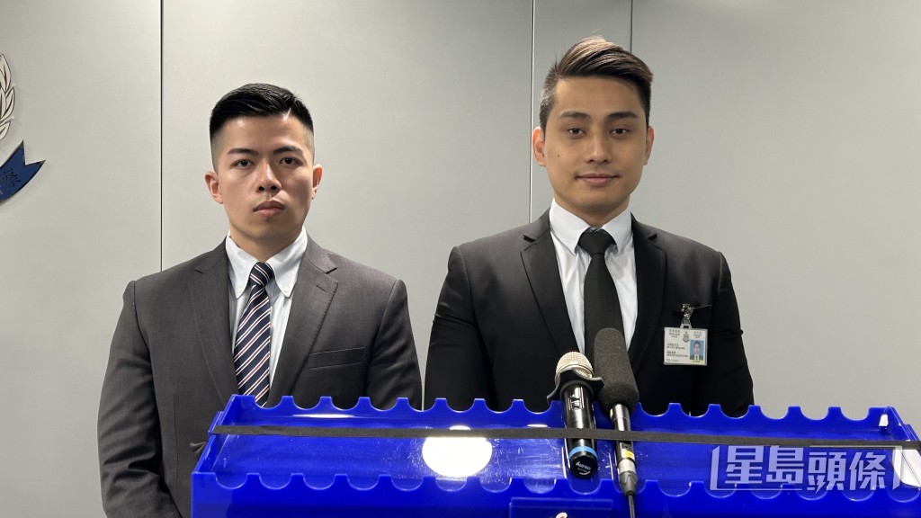 警方港島總區反三合會行動組署理總督察朱明敏（圖右）及油尖警區反三合會行動組督察雲天星講述案情。蔡楚輝攝