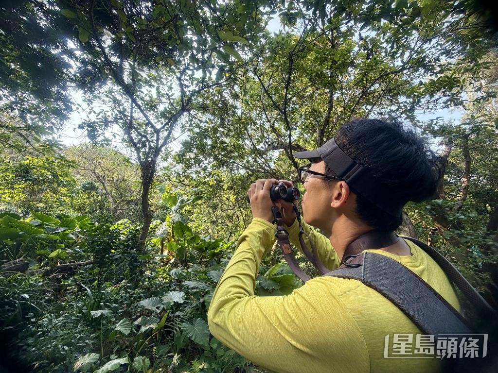 野外考察不僅靠肉眼觀察，江珀墉也用望遠鏡觀鳥，並記錄雀鳥的叫聲。