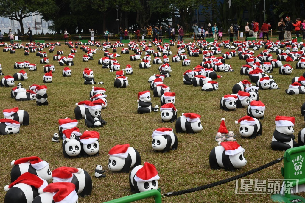 中山公園展出1000多隻戴上聖誕帽的熊貓雕塑。何健勇攝