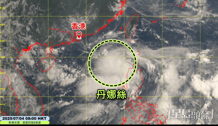 香港時間7月4日上午8時的衛星圖像顯示位於南海東北部的熱帶氣旋丹娜絲。 香港時間7月4日上午8時的衛星圖像顯示位於南海東北部的熱帶氣旋丹娜絲。