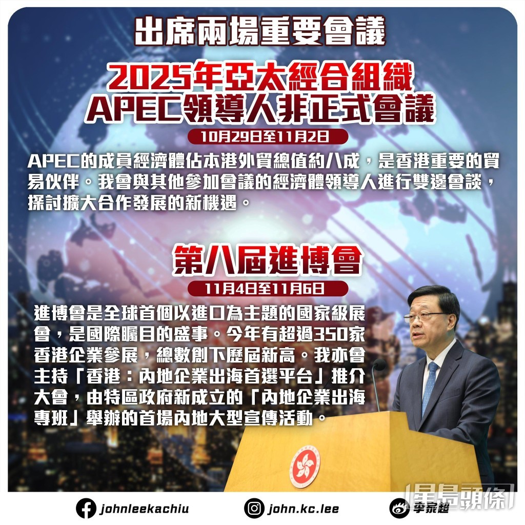 李家超表示未來10天會接連外訪，出席兩個重要會議。李家超FB圖片