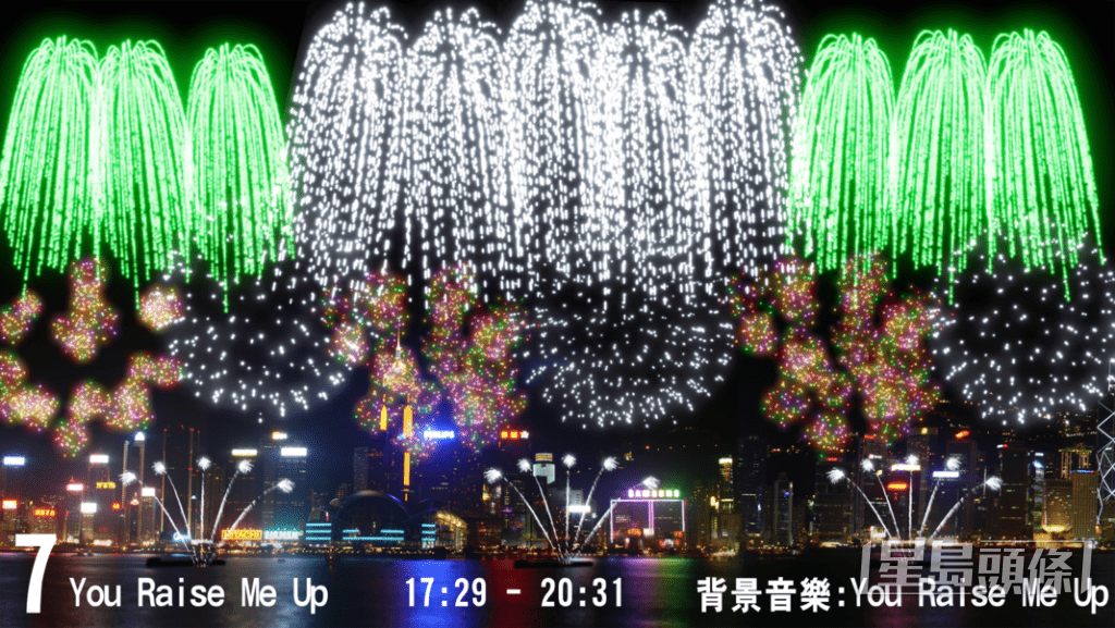 「銀色瀑布」以及「綠閃瀑布」造型煙花從天空傾瀉而下,隨後緊接著「橙閃」、「銀閃」以及「千輪彩特閃」造型煙花,寓意愛的光芒會繼續照亮人生更多可能。大會提供圖片 「銀色瀑布」以及「綠閃瀑布」造型煙花從天空傾瀉而下,隨後緊接著「橙閃」、「銀閃」以及「千輪彩特閃」造型煙花,寓意愛的光芒會繼續照亮人生更多可能。大會提供圖片