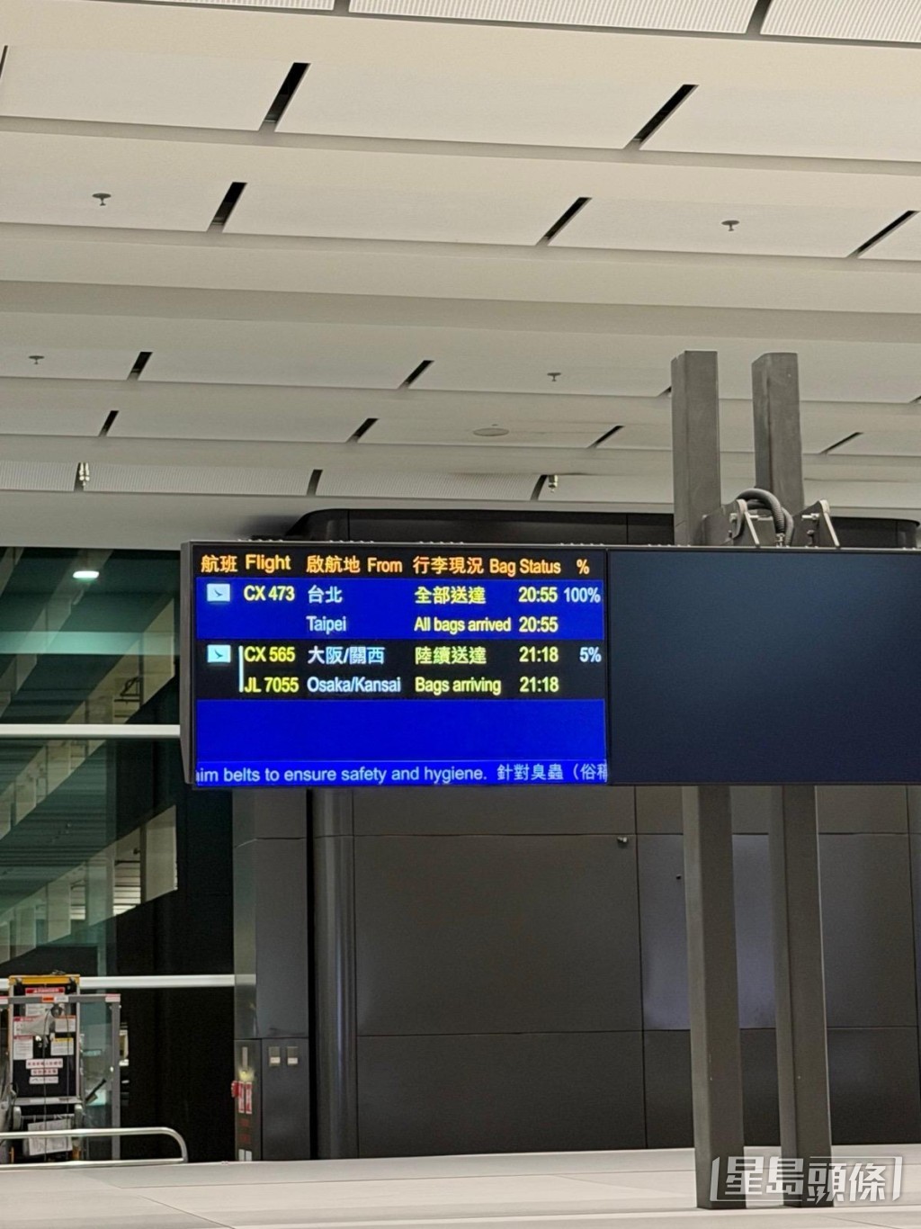 有港人在社交平台上分享日前乘飛機返港，在香港機場等候行李時，發現行李認領處的屏幕近期新增了顯示行李輸送進度的「百分比」。