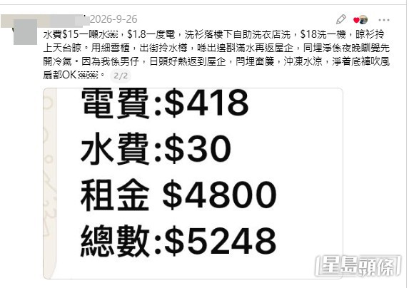 樓主在帖文中更分享了他的生活開支,租金$4800、水費$30、電費$418,總計$5248。(帖文截圖) 樓主在帖文中更分享了他的生活開支,租金$4800、水費$30、電費$418,總計$5248。(帖文截圖)