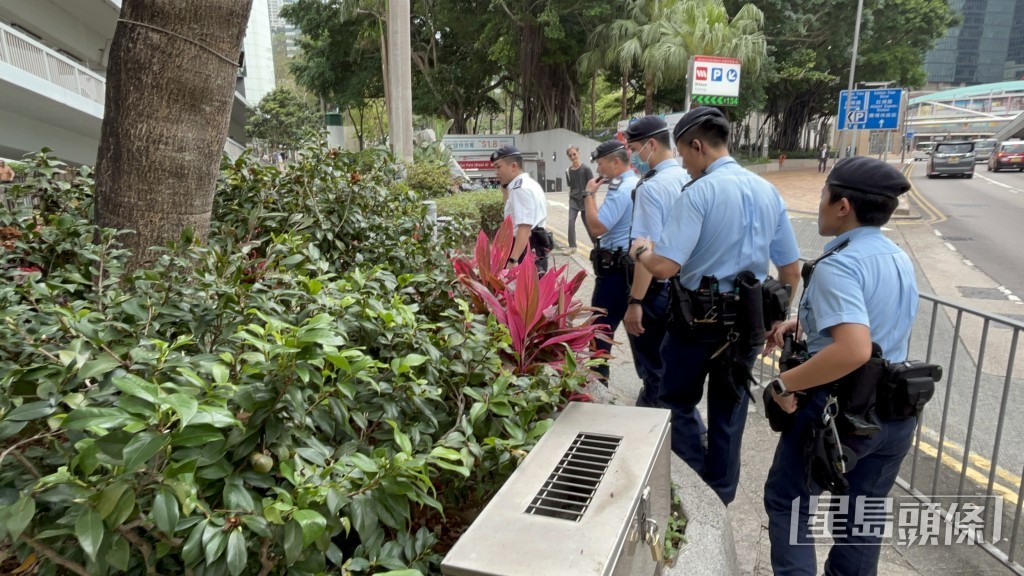 大批藍帽子警員在花槽搜索。楊偉亨攝 大批藍帽子警員在花槽搜索。楊偉亨攝