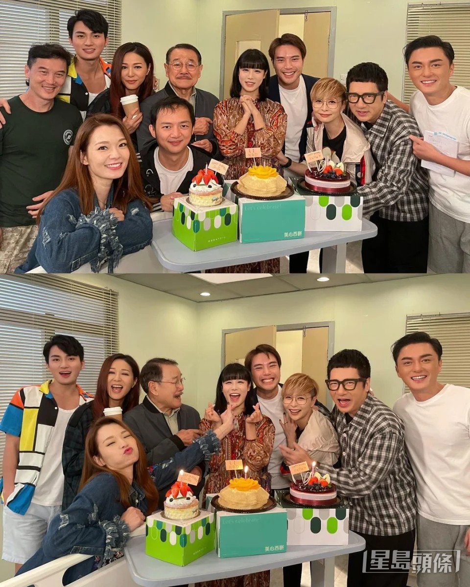 《愛回家》一班演員為古佩玲慶祝生日,陳浚霆靠得最貼近。 《愛回家》一班演員為古佩玲慶祝生日,陳浚霆靠得最貼近。