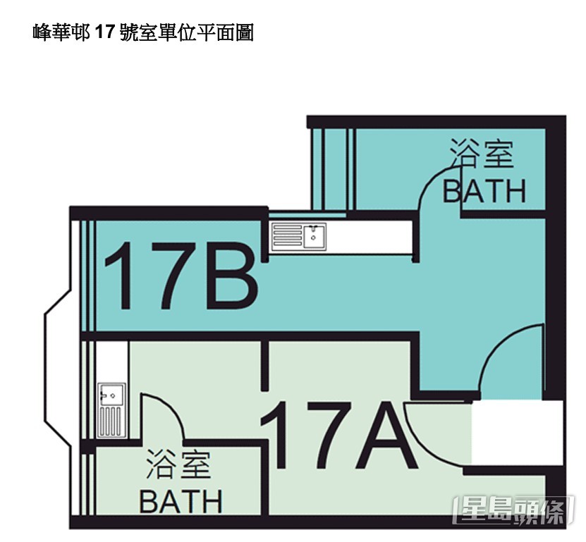 峰華邨17號室單位平面圖,為應對當時殷切的單身人士住屋需求,將每層的17號室分間成兩個設有獨立廚廁的一人單位,住戶只需共用一個大門玄關(房署提供) 峰華邨17號室單位平面圖,為應對當時殷切的單身人士住屋需求,將每層的17號室分間成兩個設有獨立廚廁的一人單位,住戶只需共用一個大門玄關(房署提供)