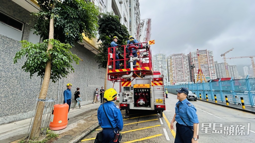 消防架起升降台救下小燕子。蔡楚輝攝 消防架起升降台救下小燕子。蔡楚輝攝