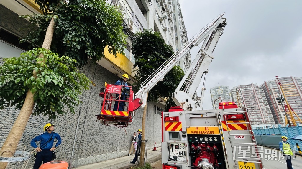 消防架起升降台救下小燕子。蔡楚輝攝 消防架起升降台救下小燕子。蔡楚輝攝