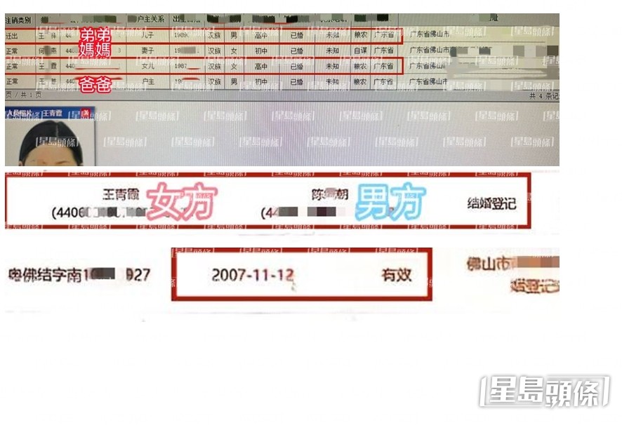 王青霞疑與陳姓男子於2007年結婚，而兒子在2009年出世。