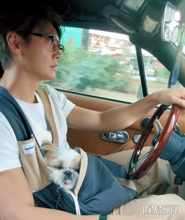片中他駕駛自己的復古座駕，帶着寶貝狗狗駕車兜風。