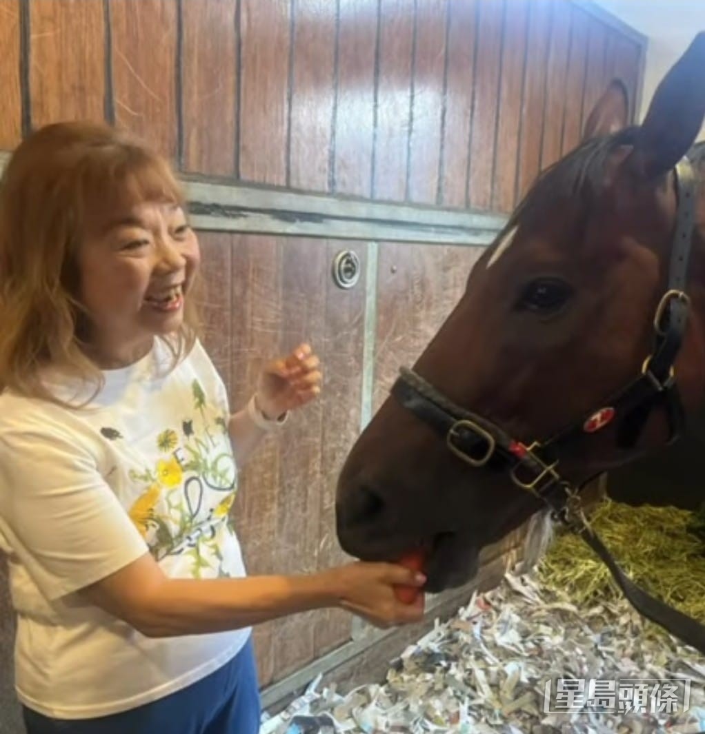 馬主黃清華太太黃蔡秀文和已退役的「當家精神」。 馬主黃清華太太黃蔡秀文和已退役的「當家精神」。
