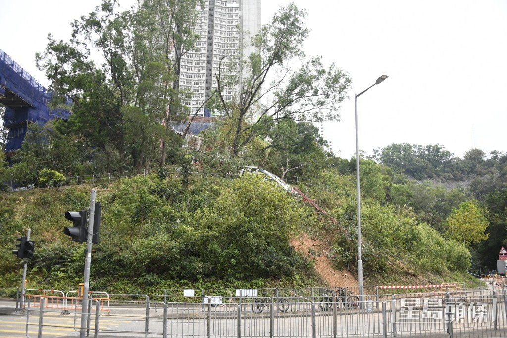倒塌天秤跌落地盤對開的山坡，仍未清理。楊偉亨攝