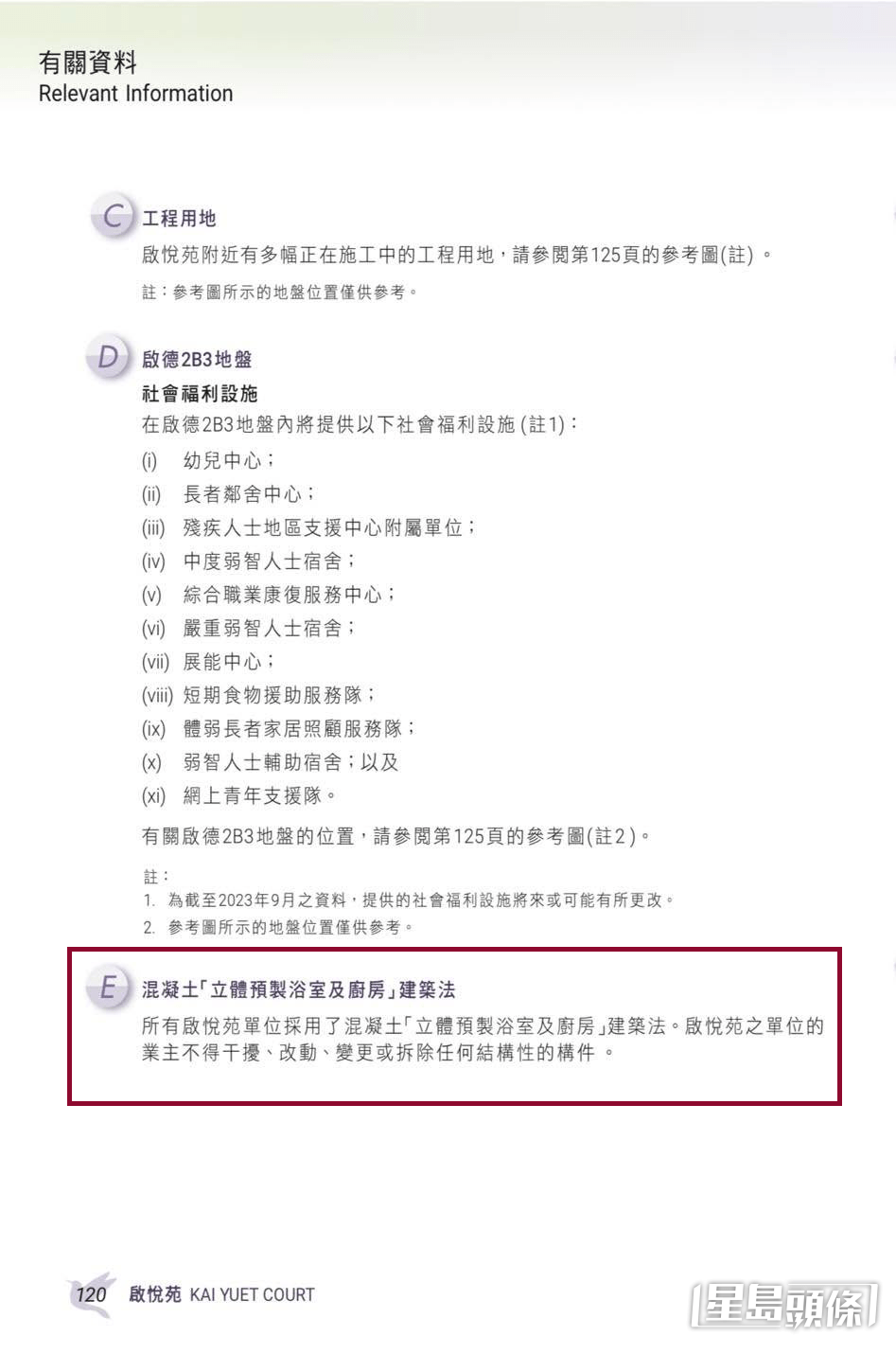 遲一年推售的啟悅苑，其售樓說明書中則列明單位採用了混凝土「立體預製浴室及廚房」建築法，業主不得干擾、改動、變更或拆除任何結構性的構件 。