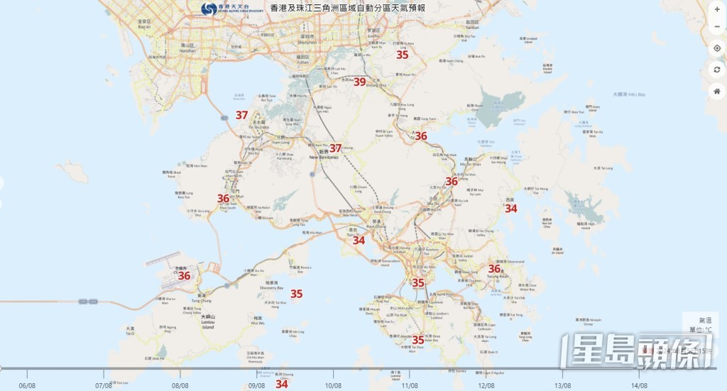 上水甚至料在下午时达38.9°C高温。天文台截图