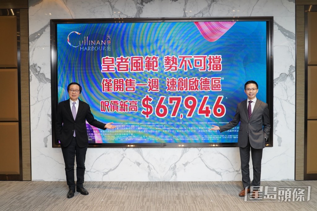 新地雷霆(圖左)表示,3座27樓SKY MANOR連平台特色戶,以1.48869億元成交,呎價約67,946元創啟德新高。 新地雷霆(圖左)表示,3座27樓SKY MANOR連平台特色戶,以1.48869億元成交,呎價約67,946元創啟德新高。